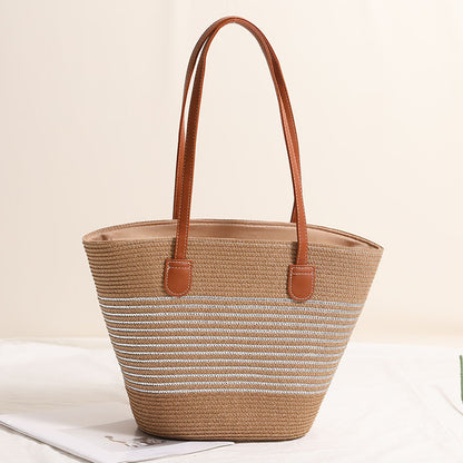 Gold Silver Thread Striped Straw Bag One Shoulder Woven Bag Vacation Beach Bag Women Bag