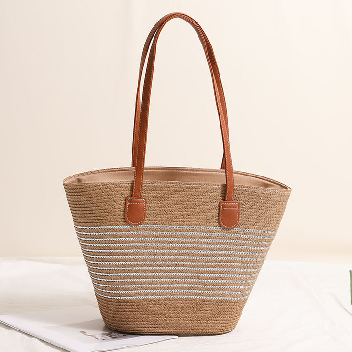 Gold Silver Thread Striped Straw Bag One Shoulder Woven Bag Vacation Beach Bag Women Bag - GLAMWEARS