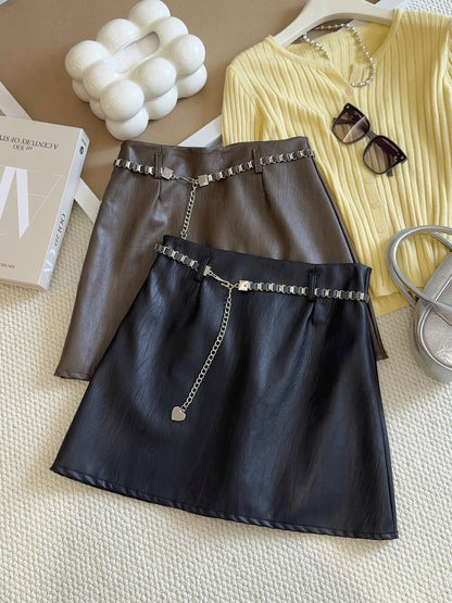 Brown Super Popular Faux Leather Skirt Skirt Women Spring Autumn A line Skirt Design Chain Anti Exposure Slim Fit Hip Skirt