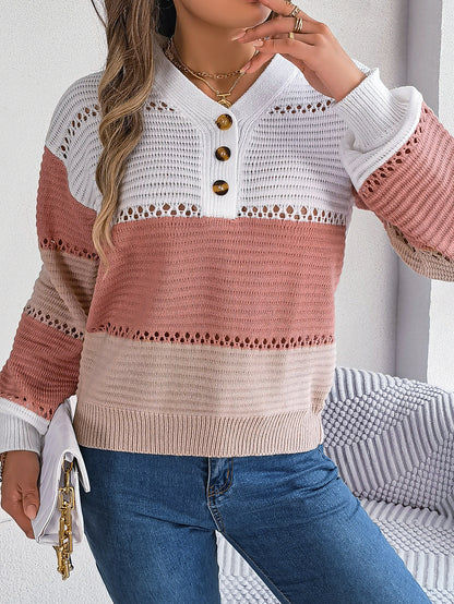 Autumn Winter Casual Button V neck Hollow Out Cutout Color Matching Lantern Sleeve Pullover Sweater Women Clothing