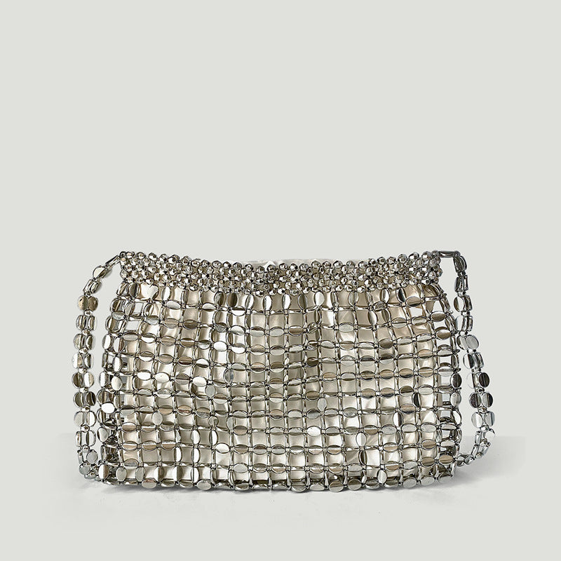Dumpling Bag Retro Shiny Metallic Sequin Bag Hand Woven Shoulder Bag Travel Holiday Underarm Bag - GLAMWEARS