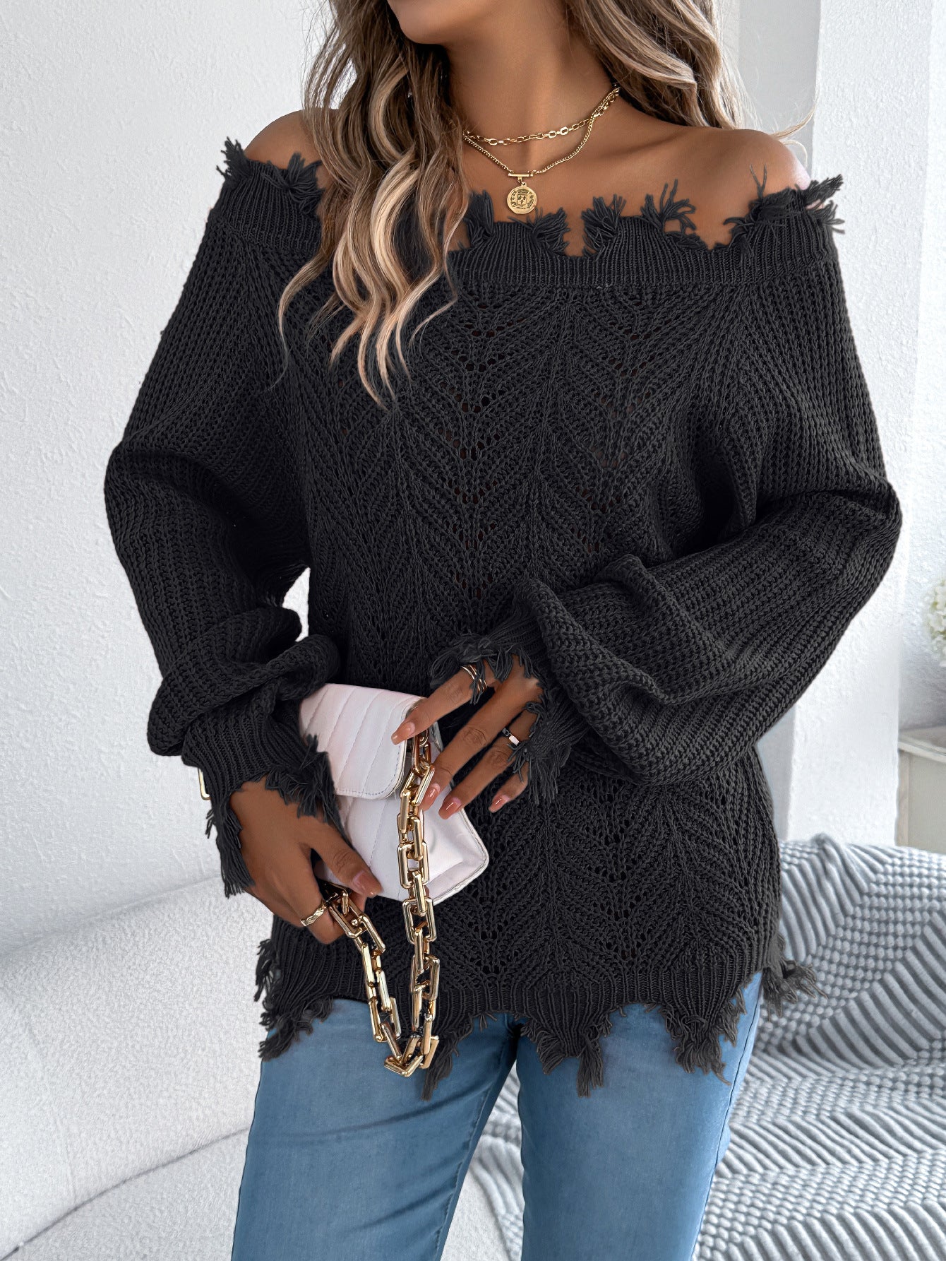 Autumn Winter Solid Color Hollow Out Cutout out Long Sleeve Cut off Shoulder Pullover Sweater Women Clothing