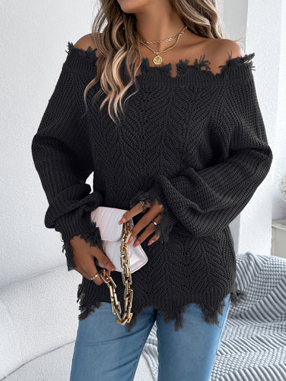 Autumn Winter Solid Color Hollow Out Cutout out Long Sleeve Cut off Shoulder Pullover Sweater Women Clothing