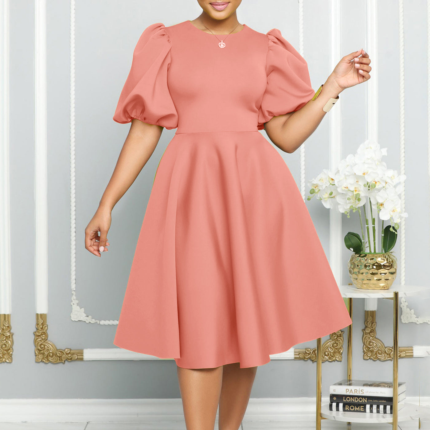 Women Clothing Summer Short Sleeve Crew Neck High Waist Big Swing Cocktail Evening Dress