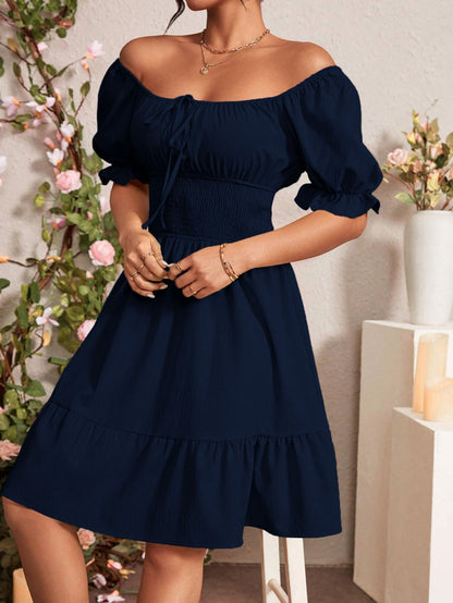 Elegant Gentle Square Collar Backless Solid Color Design Mid Length Dress