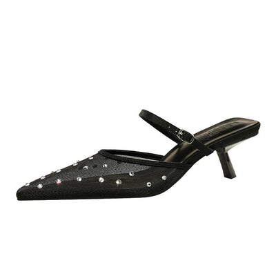 French Mesh Lace Pointed Toe Stiletto Toe Box Rhinestone Slippers Outer Wear Hollow Out Cutout Sexy Strap Half Slippers