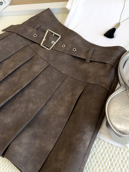 Maillard Tie Dyed Skirt Women Faux Leather Skirt Autumn Winter High Waist Slimming A line Skirt Brown Pleated Skirt