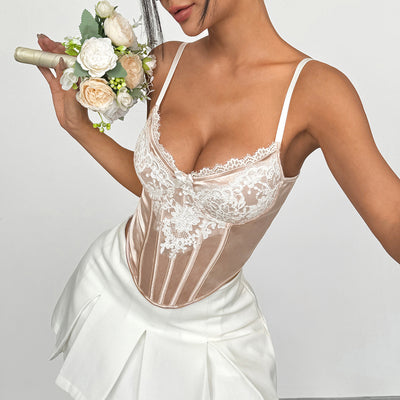 Independent Stand Lace Small Lace Mesh Embroidered Splicing High Elastic Satin Steel Ring Boning Corset Diamond Vest