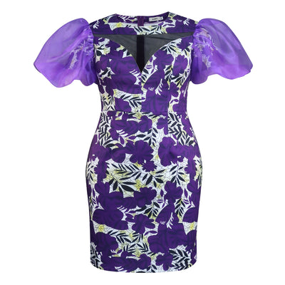 round Neck Lantern Sleeve Dress Comfortable Outdoors Office Printed Hip Dress