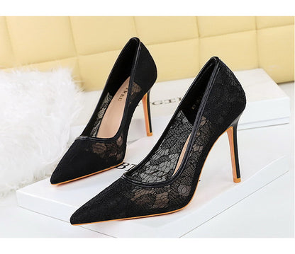 Sexy Lace High Heeled Shoes Shallow Mouth Pointed Toe Skinny Night Club Mesh Stiletto High Heel Shoes