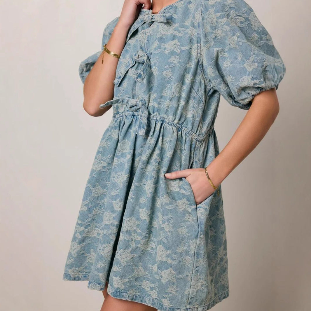 Elegant Sweet Denim Blue Puff Sleeve Design Blue Floral Drawstring Women Denim One Piece Dress Denim Dress
