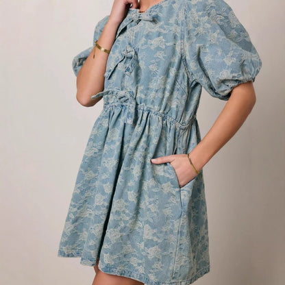 Elegant Sweet Denim Blue Puff Sleeve Design Blue Floral Drawstring Women Denim One Piece Dress Denim Dress