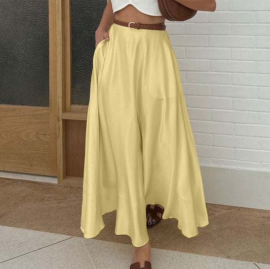 Satin Draping Yellow Skirt Women Spring Summer Simple Pocket High Waist Hip Skirt