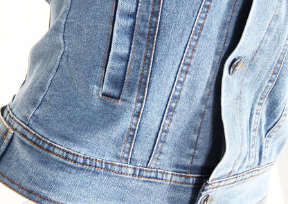 Sweet Cool Stacked Shirt Slimming Denim Shirt Spring Summer Color Matching Faux Two Piece off Shoulder Waist Tight Denim Shirt for Women