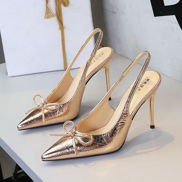 Cocktail Closed Toe Back Empty Low Cut Pointed Toe Stilettos Pumps Women Bow Back Strap High Heel Women Shoes - GLAMWEARS