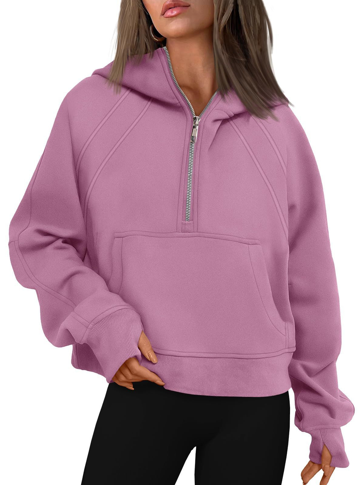 Half Zipper Pullover Hooded Sweatshirt Fleece Short Chic Scuba Sweater for Women