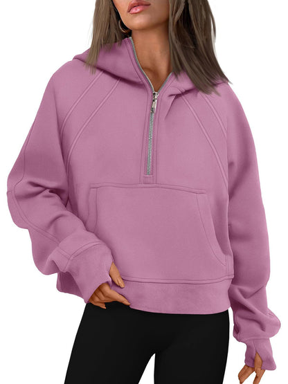 Half Zipper Pullover Hooded Sweatshirt Fleece Short Chic Scuba Sweater for Women