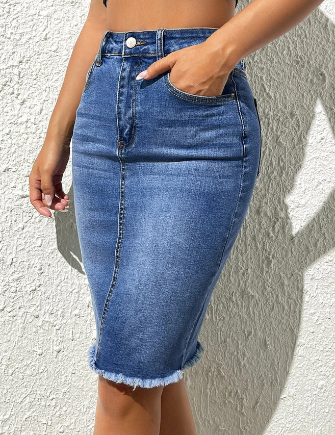 Elastic High Waist Frayed Skirt Denim Package Hip Skirt