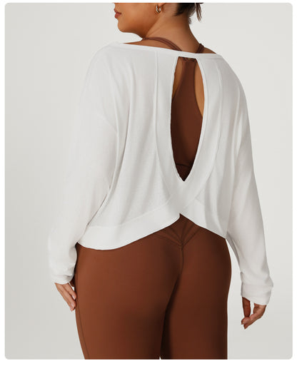 Plus Size Women Loose Sun Protection Long Sleeved Sports Blouse Women Backless Quick Drying Breathable Jacquard Yoga Workout Clothes Top