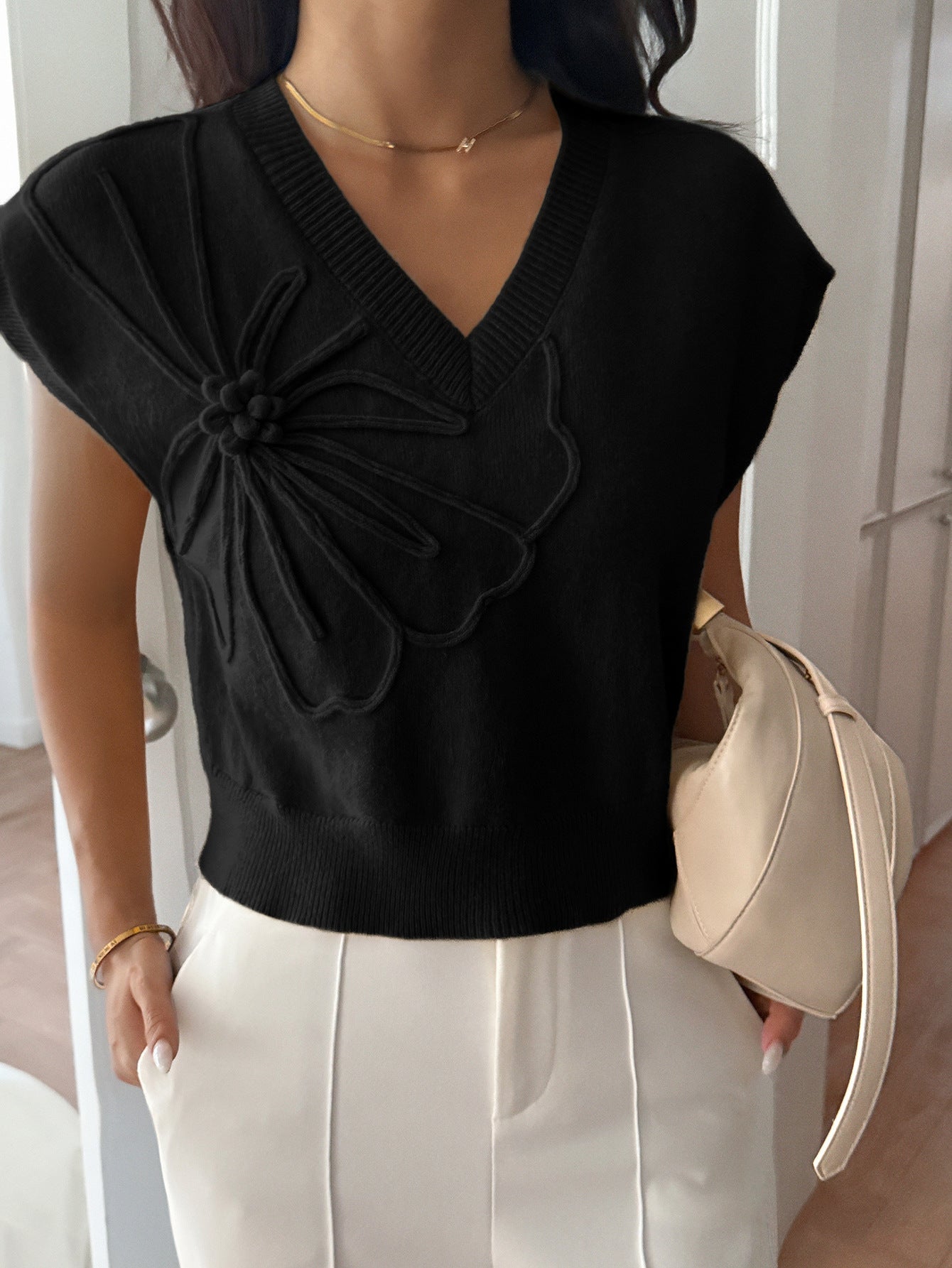 Women Clothing Autumn Winter Casual Vacation Deep V Plunge Neck Solid Color Sweater with Short Sleeves