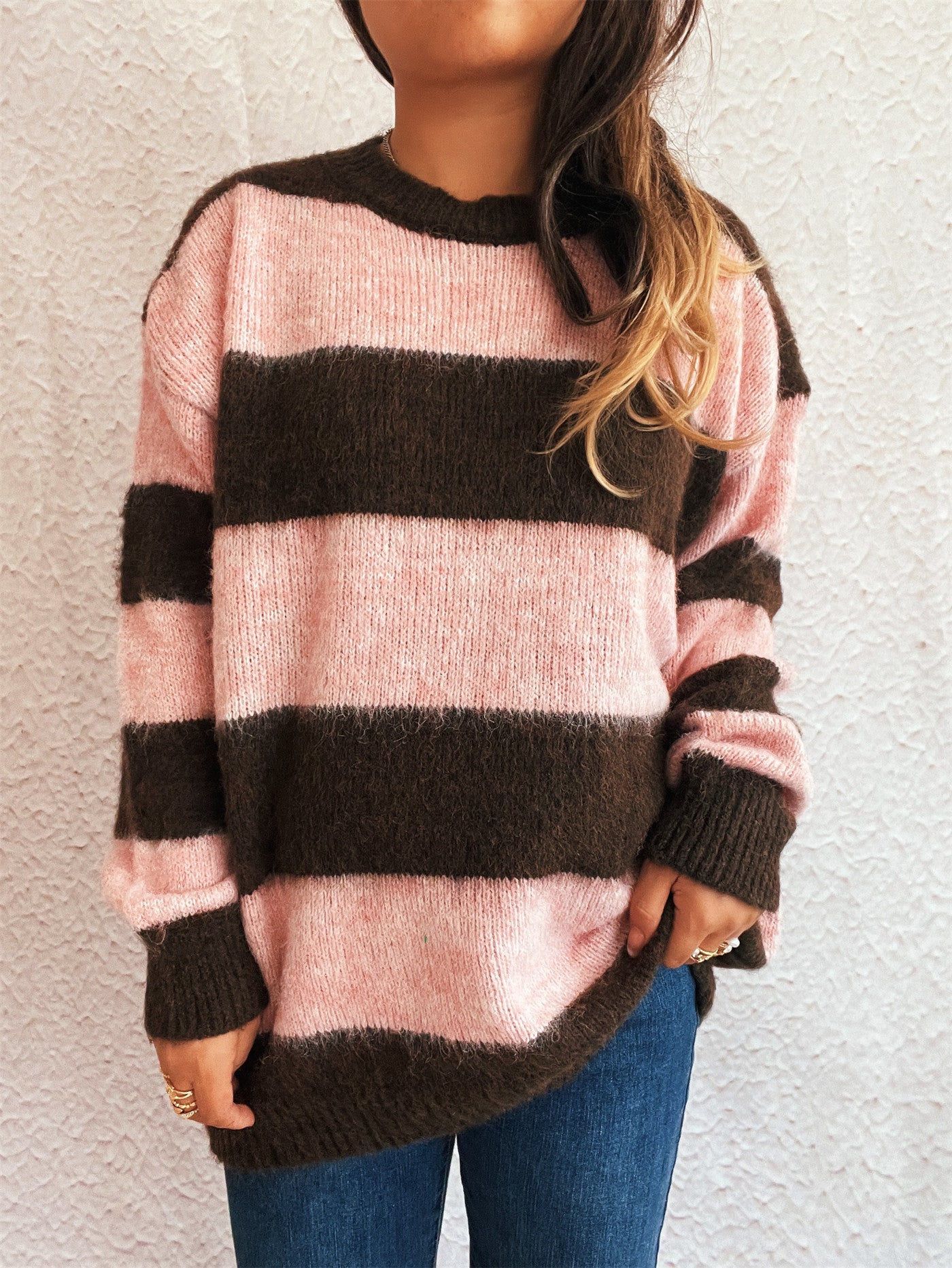 Autumn Winter Striped Color Matching Knitted Top round Neck Chic Casual Loose Sweater Pullover