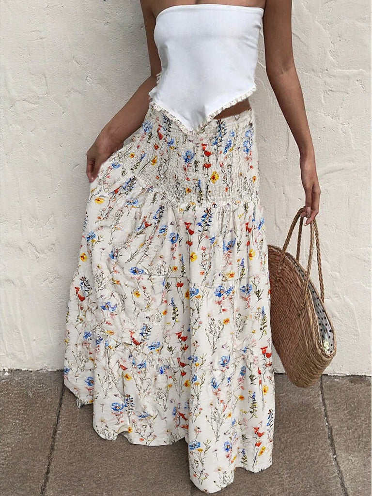 Floral Skirt Women Summer Printed Drooping Slimming Pleated Pleated A line Skirt