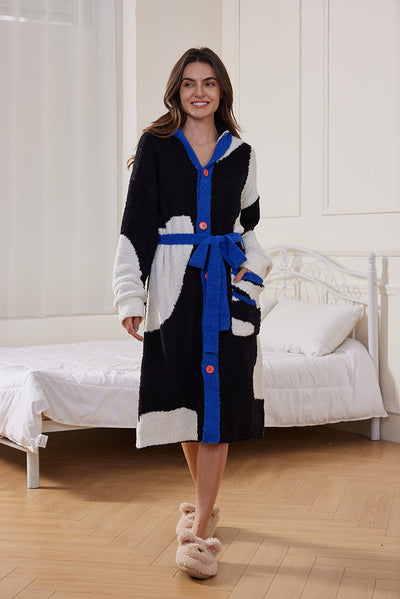Autumn Winter Half Velvet Hooded Tracksuit Casual Pajamas Thick Mid Length Nightgown