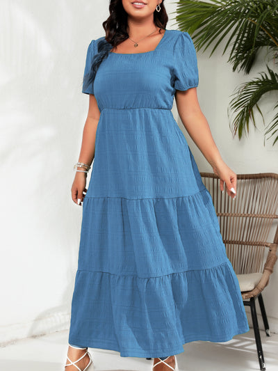 Women Bubble Sleeve Square Collar Back Pleating Short Sleeve Pocket Dress