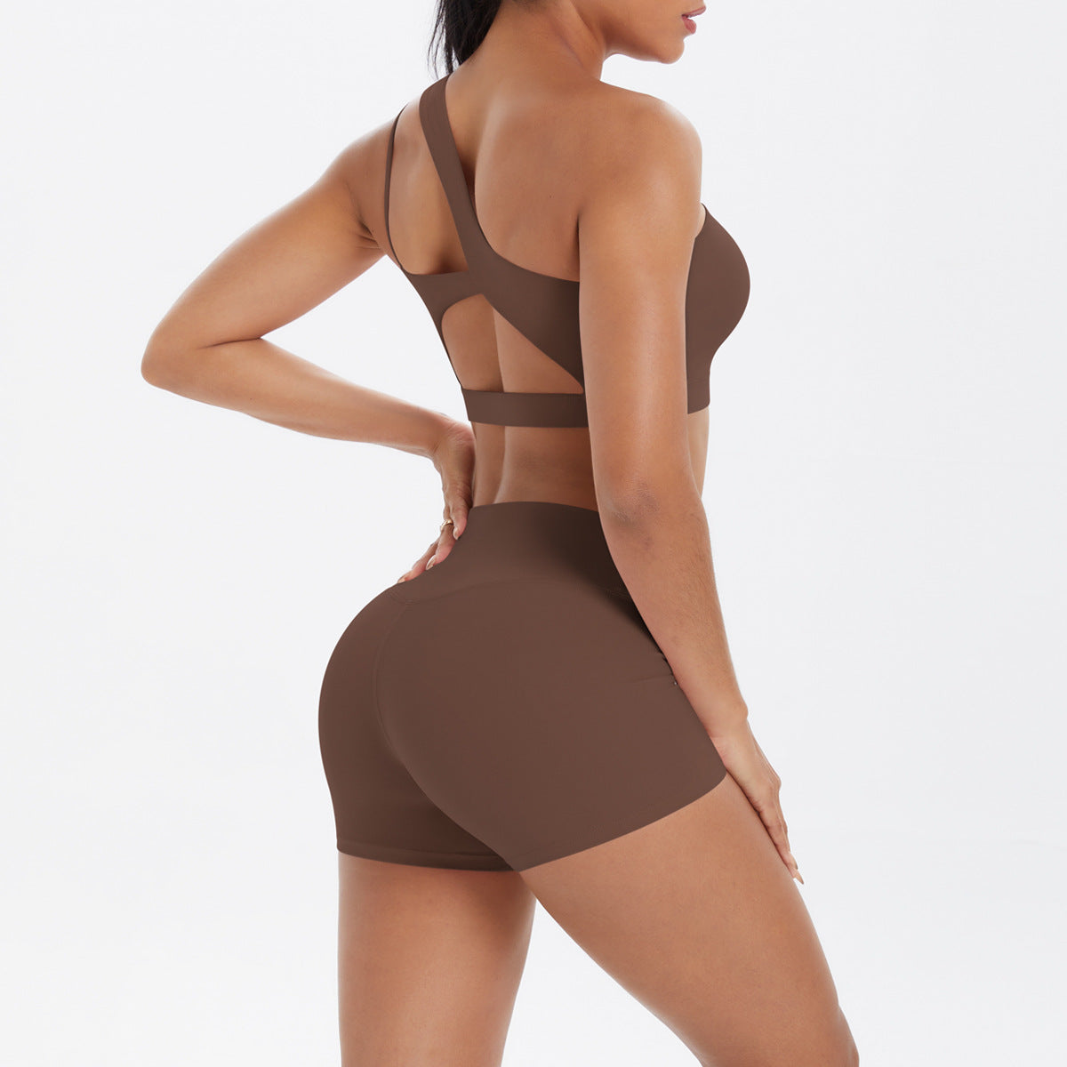 Oblique One Shoulder Beauty Back Yoga Bra Nude Feel Sports Bra Strap Running Workout Vest Shorts Set Women