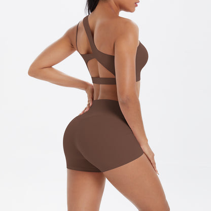 Oblique One Shoulder Beauty Back Yoga Bra Nude Feel Sports Bra Strap Running Workout Vest Shorts Set Women