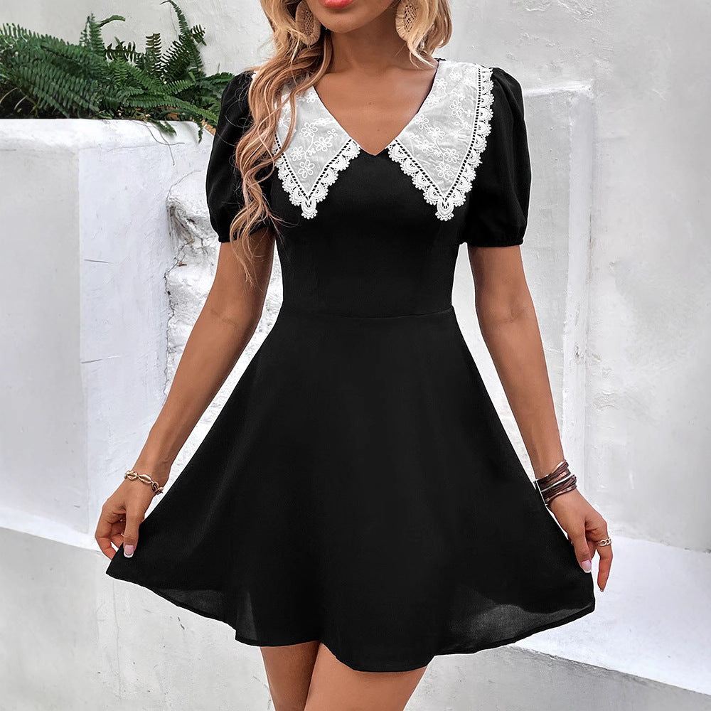 Summer Sweet Spicy Short Dress Contrast Color Doll Collar Puff Sleeve Dress