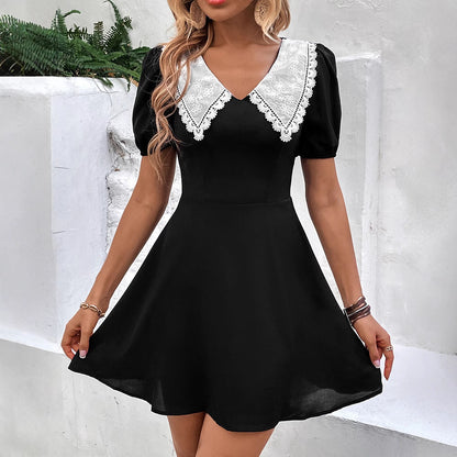 Summer Sweet Spicy Short Dress Contrast Color Doll Collar Puff Sleeve Dress
