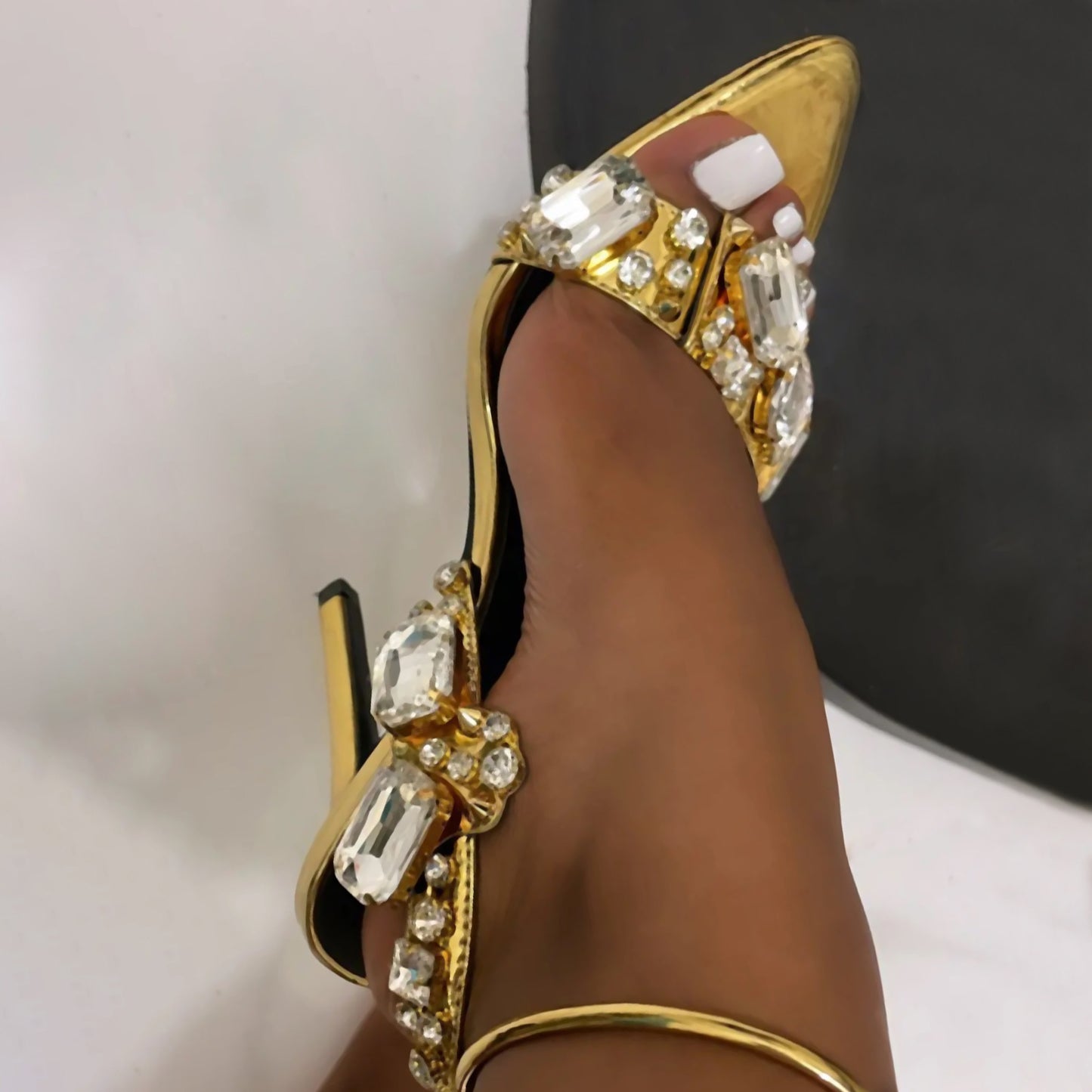 11cm Pointed Gold Rivet Rhinestone Stiletto Heels Summer Sandals Plus Size Shoes