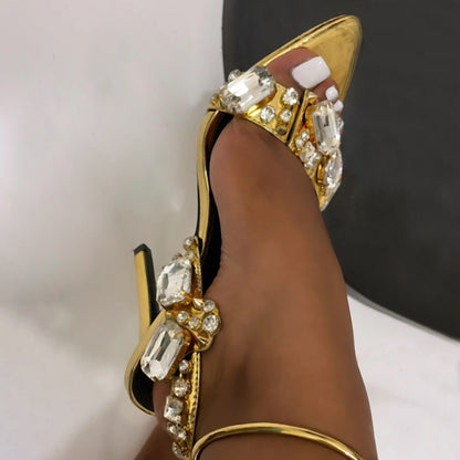 11cm Pointed Gold Rivet Rhinestone Stiletto Heels Summer Sandals Plus Size Shoes