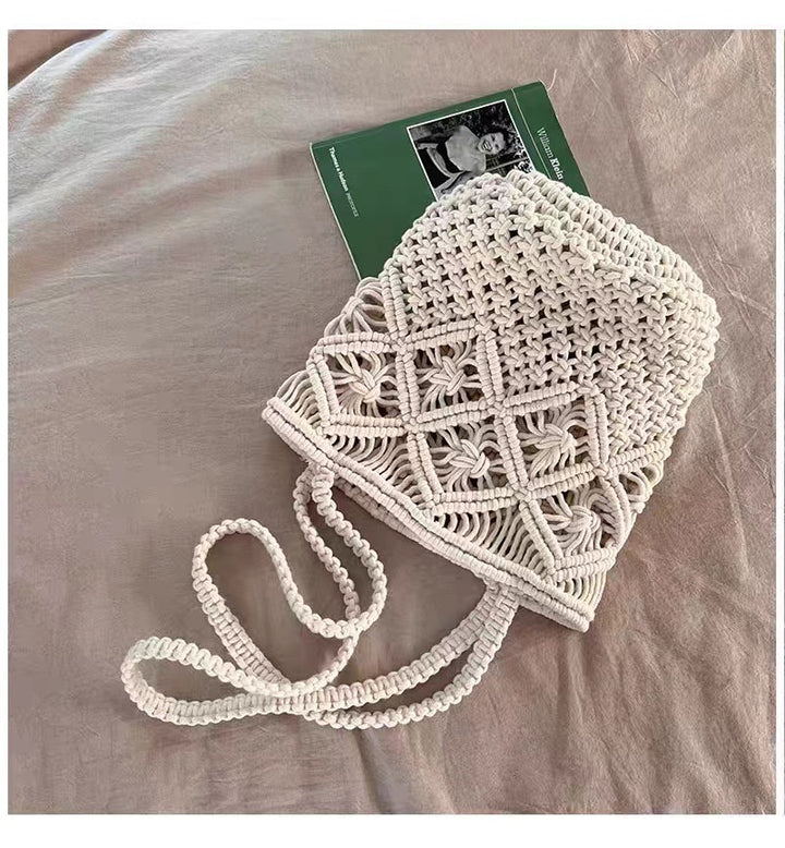 Artistic Simple Cotton Thread Shoulder Woven Bag Summer Niche Hollow Out Cutout Straw Bag Portable Women Bag Vacation Beach Bag - GLAMWEARS