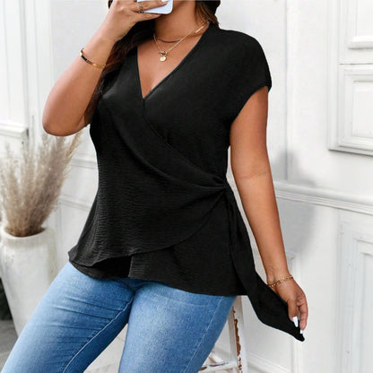 Plus Size Summer Simplicity Women Solid Color V neck Short Sleeve T shirt All Matching Top