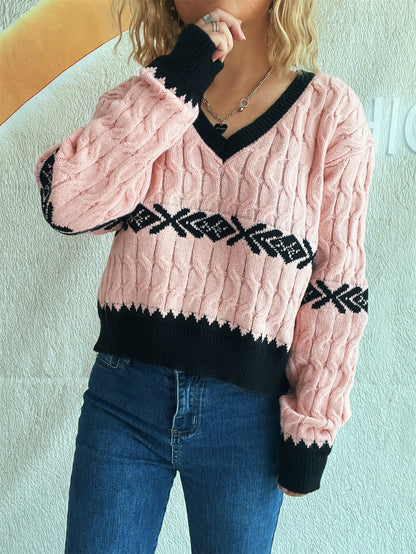 Jacquard Short Knit Top V neck Street Casual Sweater
