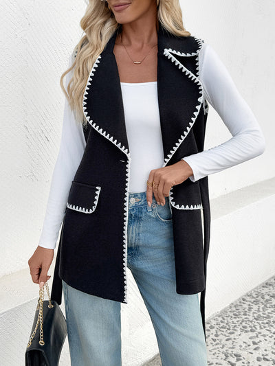 Casual Simple Lace up Cardigan Collared Contrast Color Trim Vest Coat Women