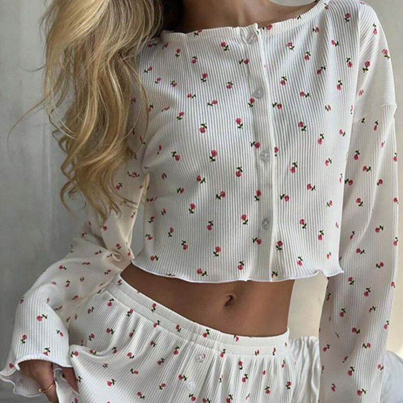 Girls Sexy Long Sleeved Cardigan Short Top Floral Wooden Ear Home Casual Suit Shorts Two Piece Sets