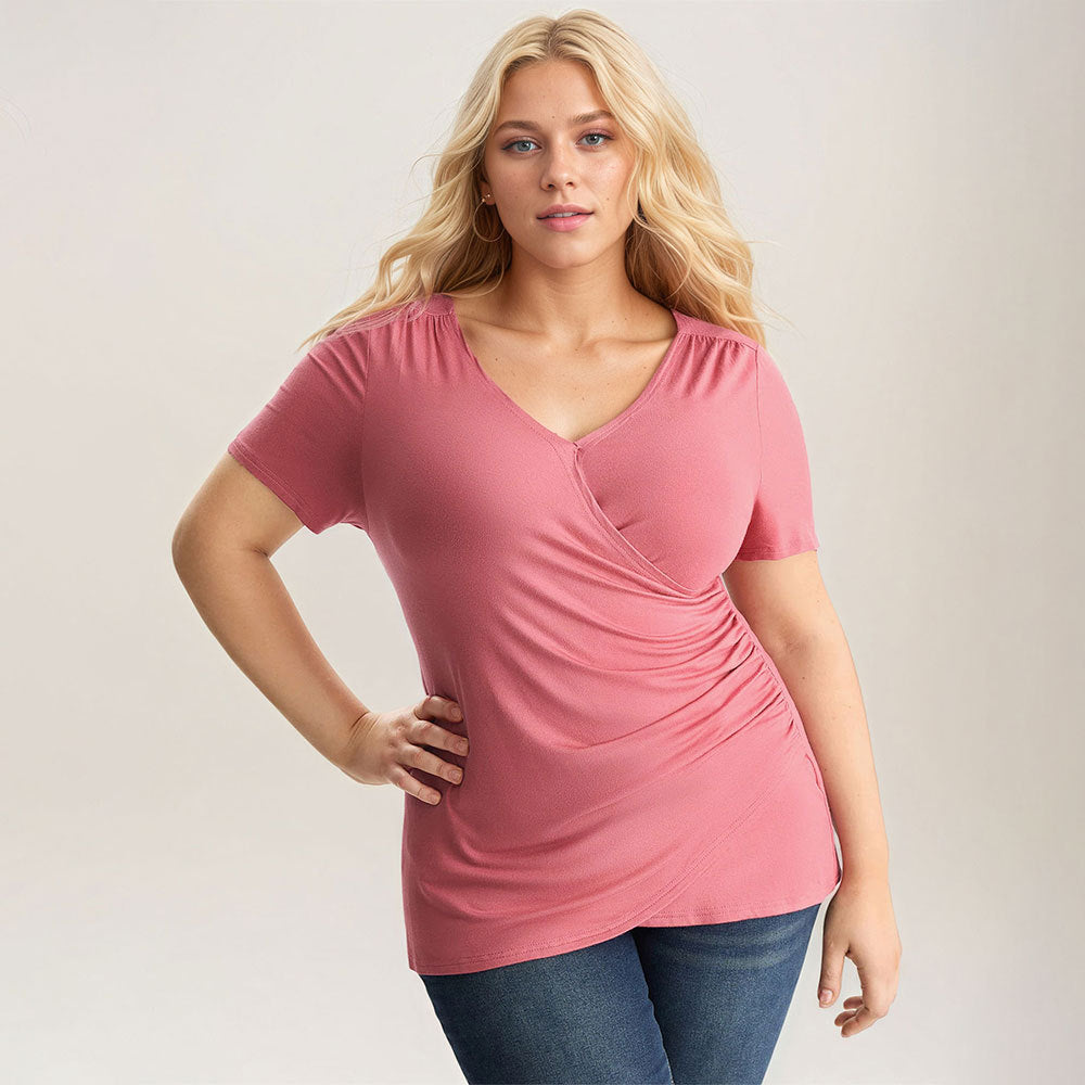 Plus Size Women Pink Simple All Match Office T shirt Figure Flattering Short Sleeve Top