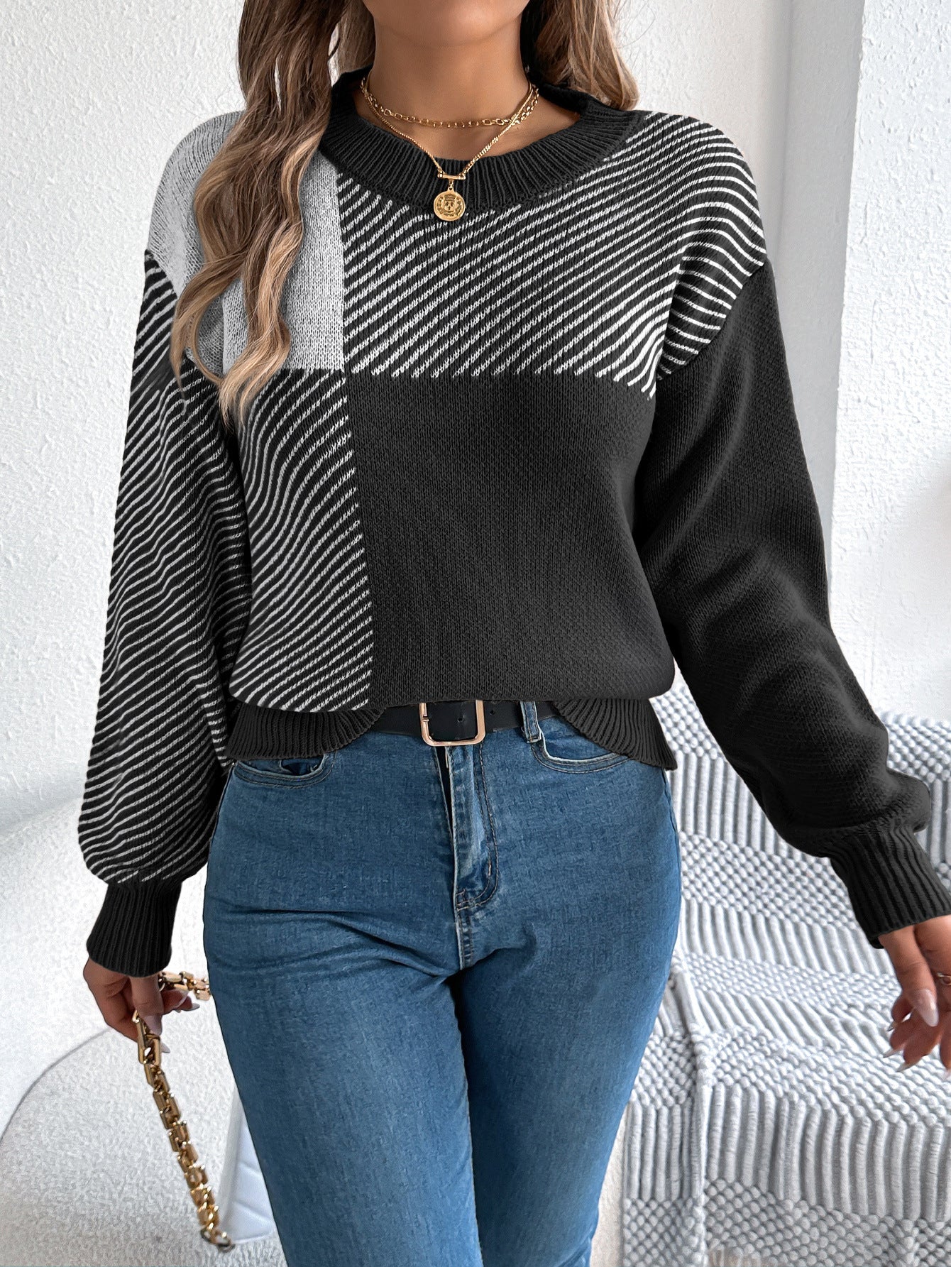 Autumn Winter Casual Color Contrast Check Long Sleeve Pullover Women Clothing