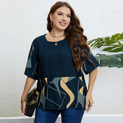 Plus Size Round Neck Art Printed Top Popular Printed Loose Casual