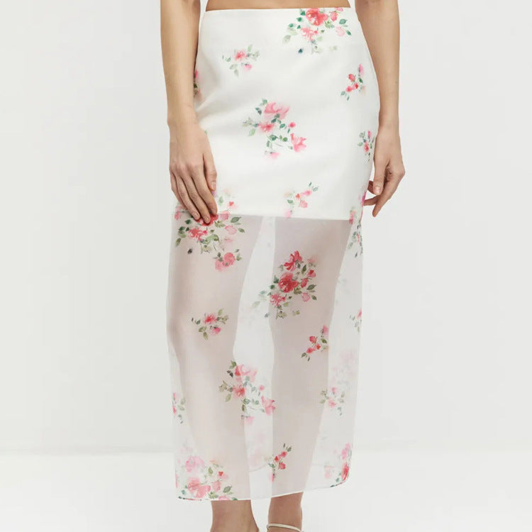 Arrival Digital Printing See through High Waist Slit Skirt Women Double Layer Office All Matching Hip Skirt