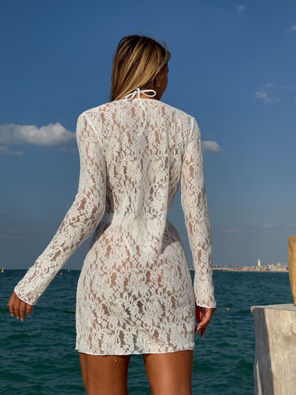 Solid Color Sexy Lace Long Sleeve Dress Three Piece Sets Mesh Swimsuit Bikini