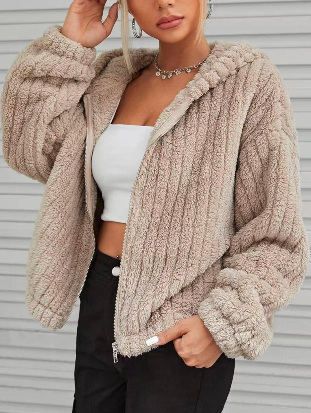 Popular Solid Color Double-Sided Plush Zipper Cardigan Decoration Ears Casual Autumn Winter Plush Coat