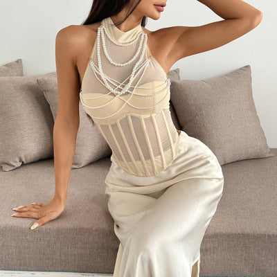 Solid Color Elegant Socialite Summer Elegance Semi Transparent Boning Corset Sexy Pearl Embellished Halter Top