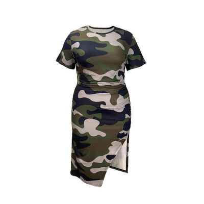 Plus Size Camouflage Printed round Neck Side Pleated High Slit Shoulder Sleeve Dress
