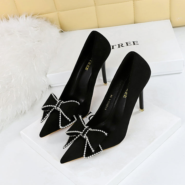 Sexy Nightclub Super High Heel Women Shoes Stiletto Suede Shallow Mouth Pointed Toe Rhinestone Bow Pumps - GLAMWEARS