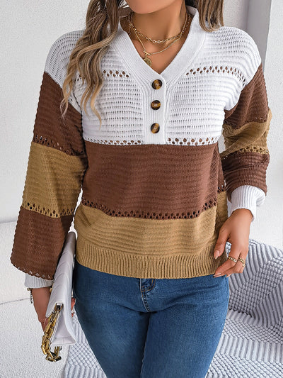 Autumn Winter Casual Button V neck Hollow Out Cutout Color Matching Lantern Sleeve Pullover Sweater Women Clothing