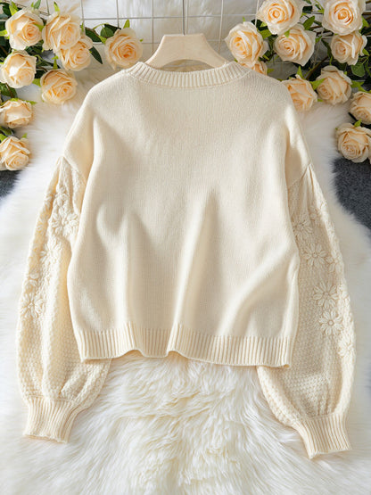 Autumn Winter Fresh Machine Embroidery Three Dimensional Little Daisy Pullover round Neck Loose Knitted Sweater